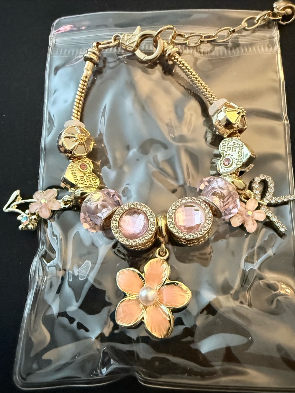 Gold-Tone Pink Flower Charm Bracelet